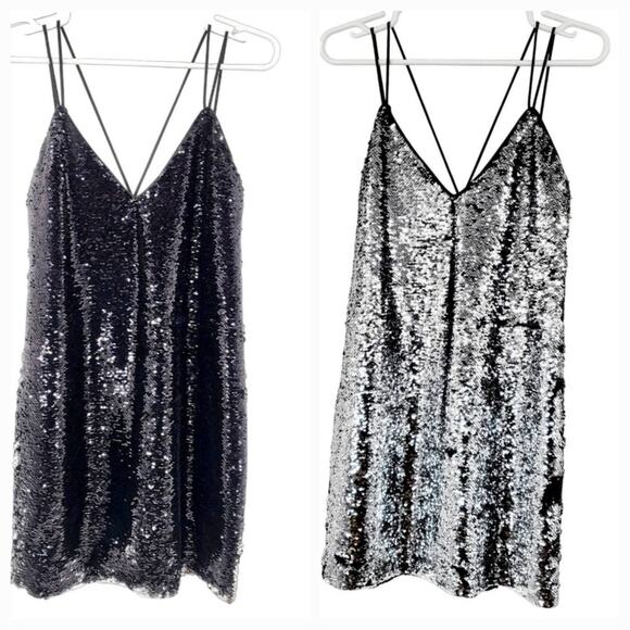 ASOS Black & Silver Reversible Sequin Strappy Mini Party Dress Women's Size 4 Sm - Picture 1 of 5